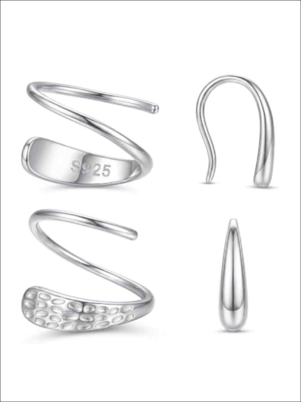 925 Sterling Silver Double Hoop Earrings White Gold Plated Backless Sleeper